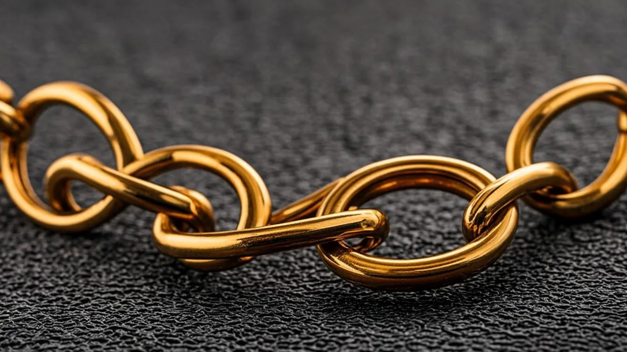 Crypto casino guide with linked brass blockchain rings over a graphite field