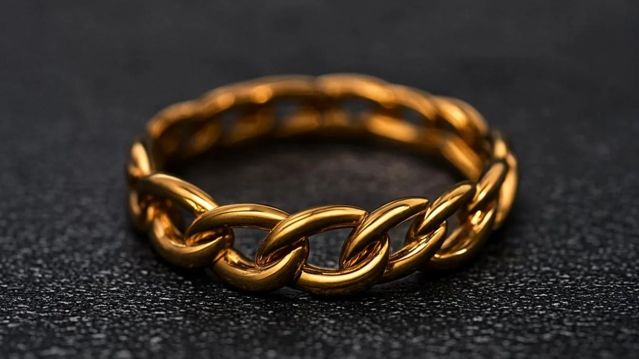 Crypto casino guide with linked brass blockchain rings over a graphite field