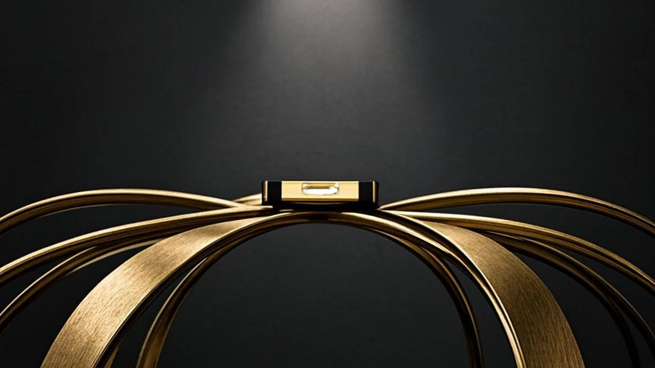 Abstract brass arcs on graphite, standing for stablecoin rails that hold a casino balance level.