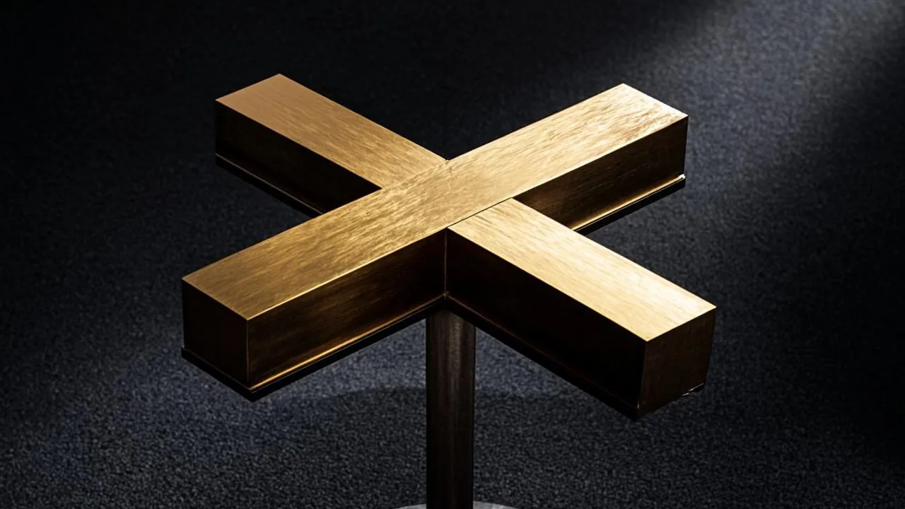 Two brass beams cross on graphite, marking the 2020 credit card ban and the offshore gap.
