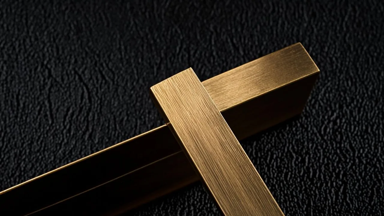 Two brass beams cross on graphite, marking the 2020 credit card ban and the offshore gap.
