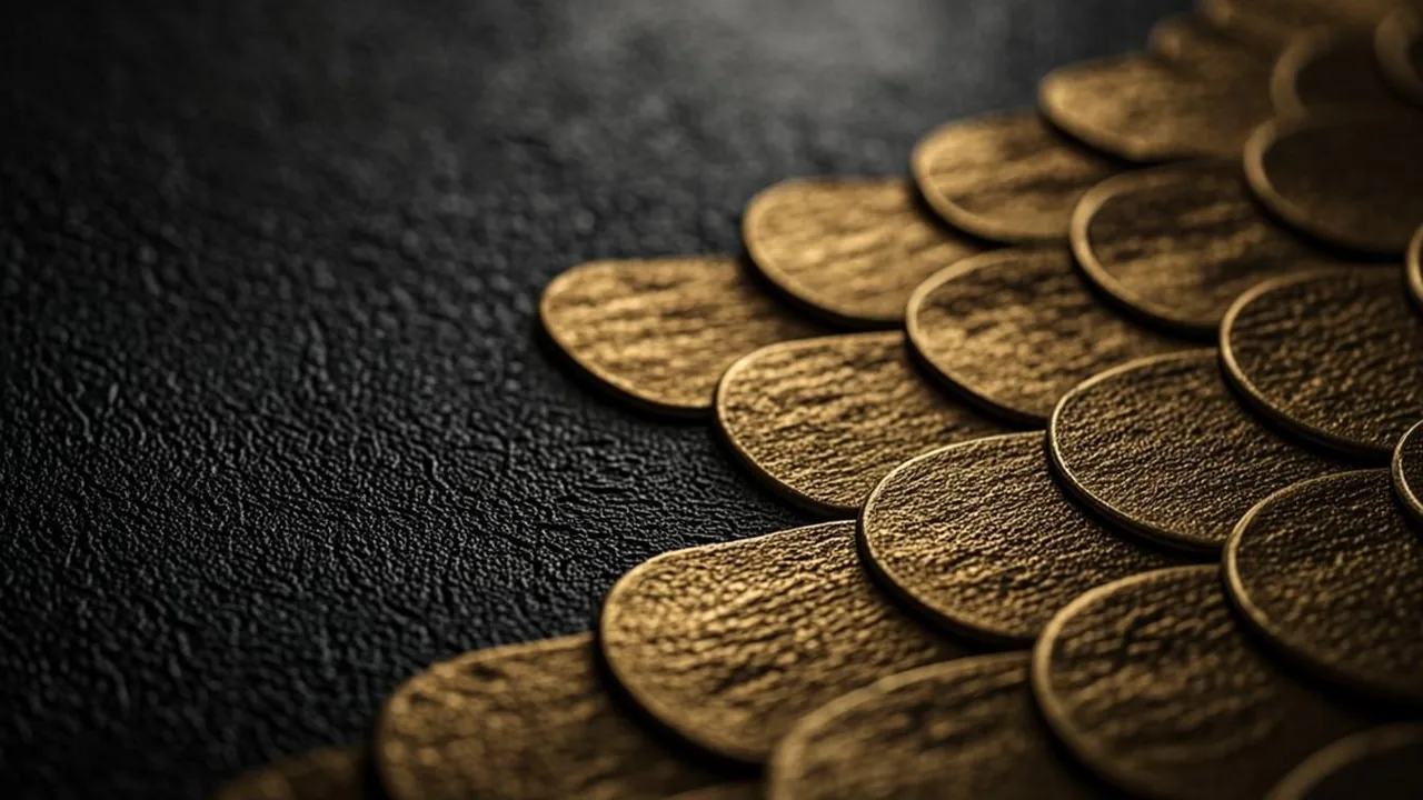 Brass tiles on graphite, one leading off the edge, for a deposit-only prepaid voucher rail.