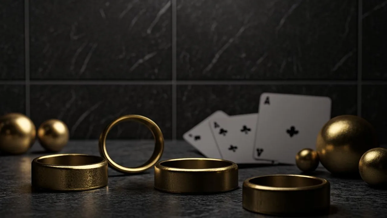 Brass rings on graphite tiles sketch numbered bingo balls and the quiet arithmetic of cards.