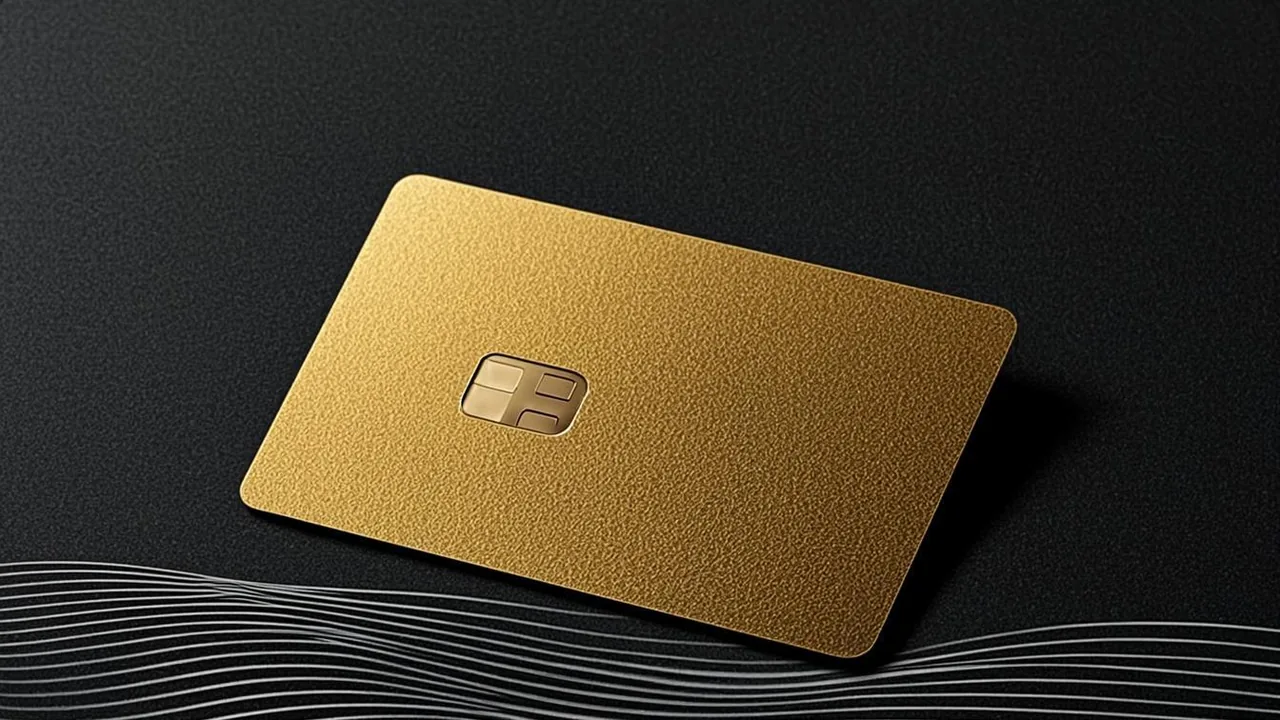 A brass card silhouette arcs across graphite waves, tracing debit deposits and slow card payouts.