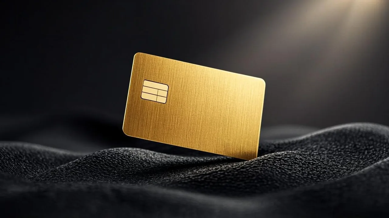 A brass card silhouette arcs across graphite waves, tracing debit deposits and slow card payouts.