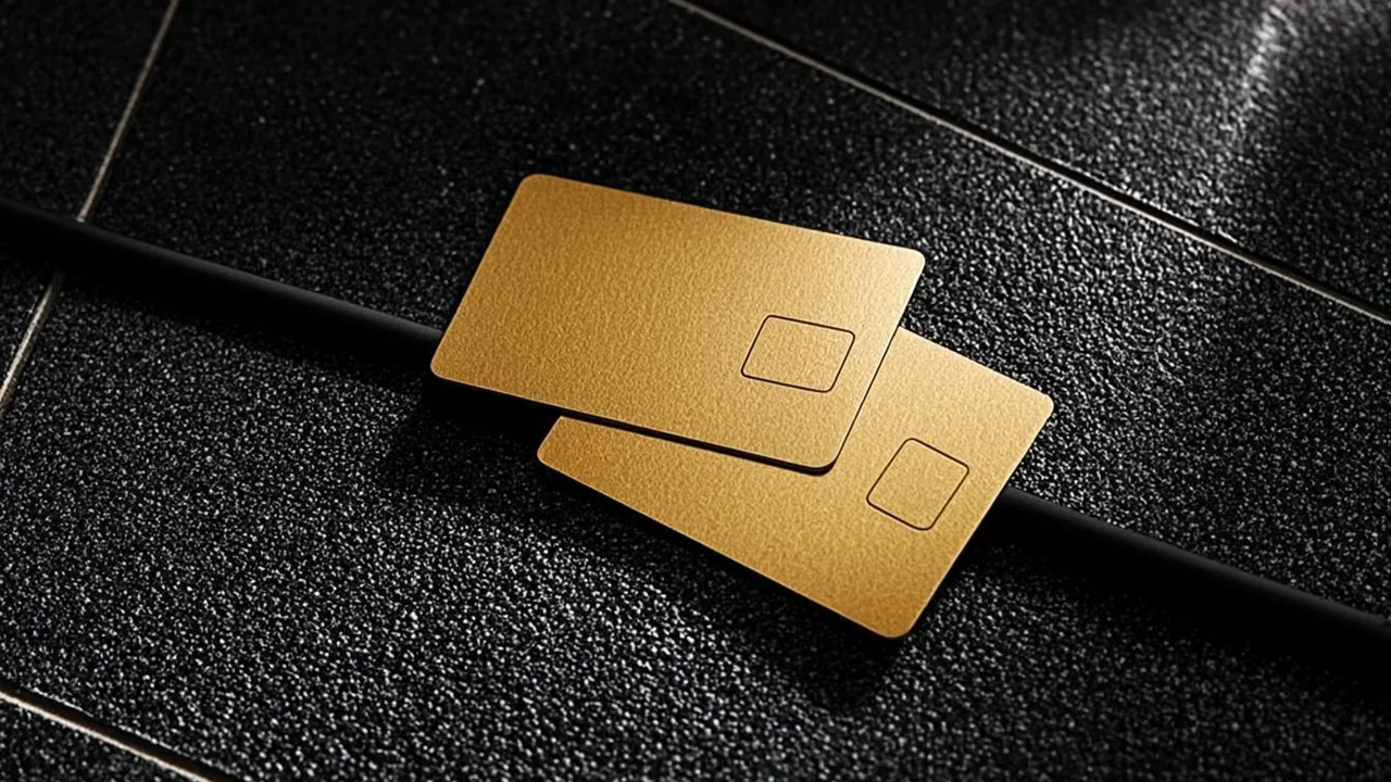 Brass card pair with a crossed beam on graphite, marking prepaid decline patterns.