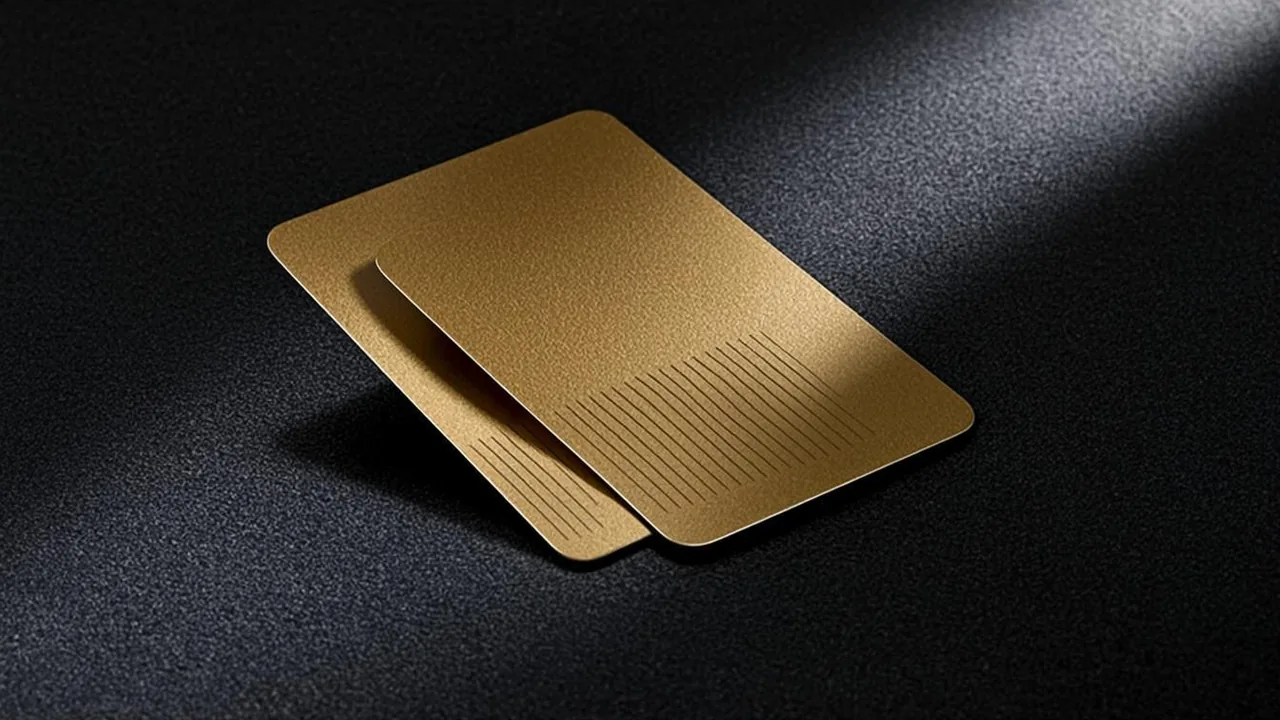 Brass card pair with a crossed beam on graphite, marking prepaid decline patterns.