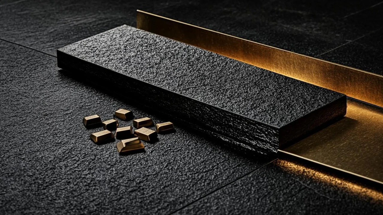 Standalone casino terms set apart under one brass beam on graphite tiles.