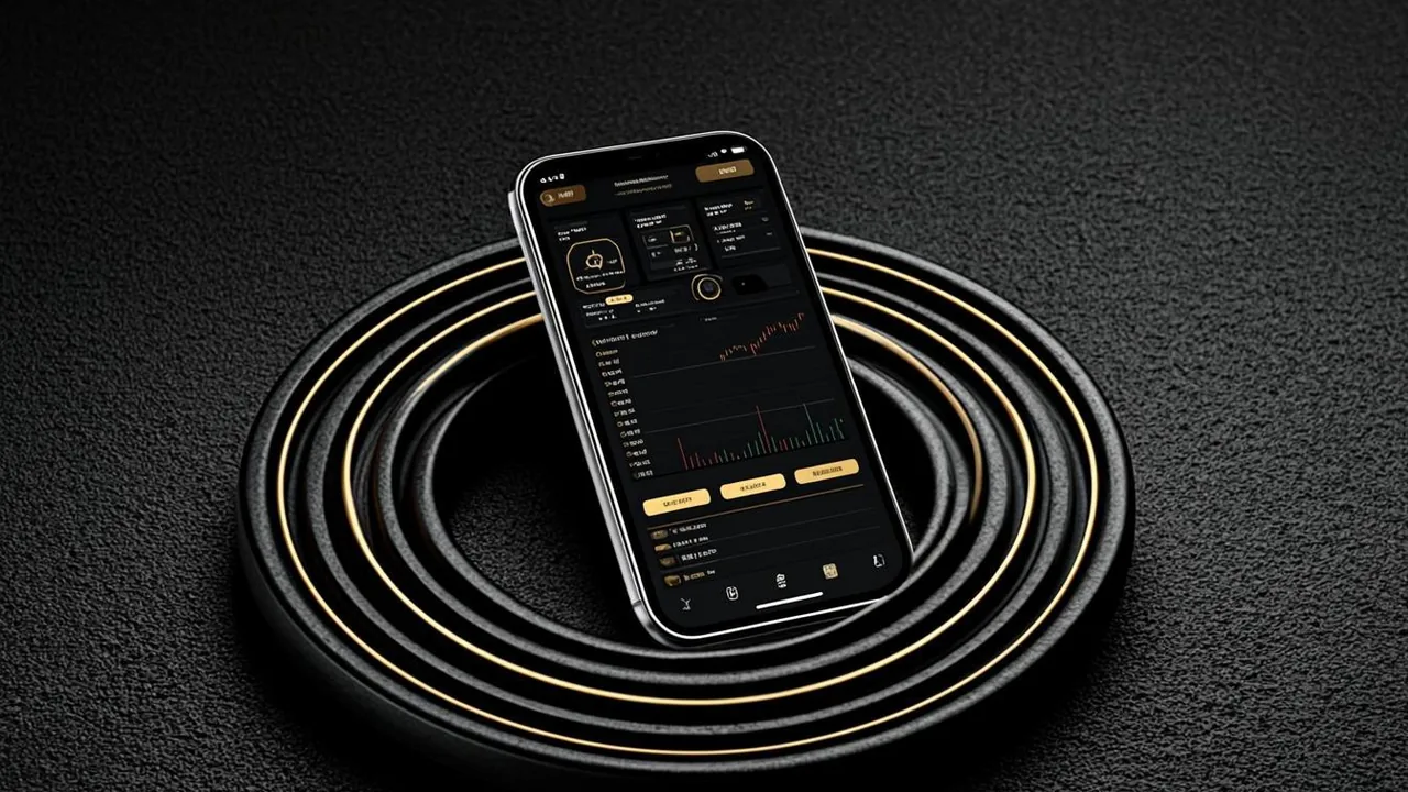 A phone app making a casino deposit, brass arcs and dynamic rings on graphite.