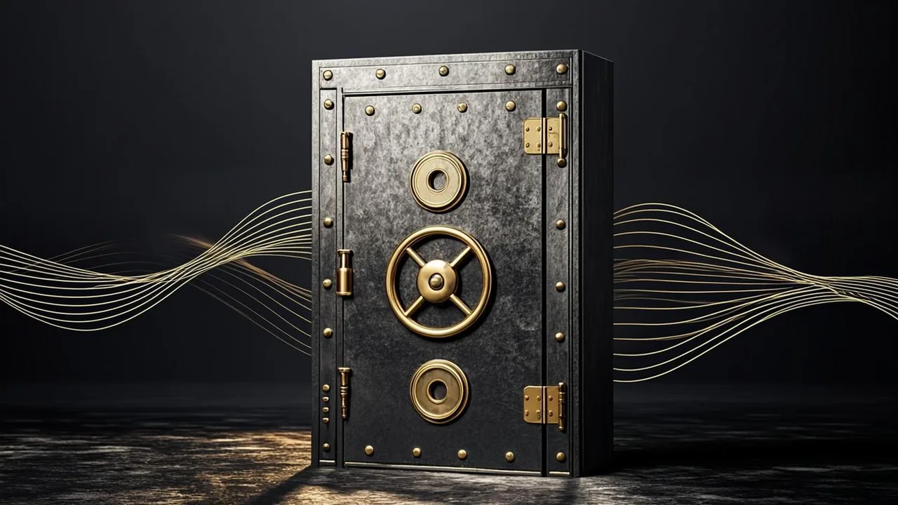 Prepaid voucher PINs and phone billing arcs crossing a graphite vault door with brass seams.