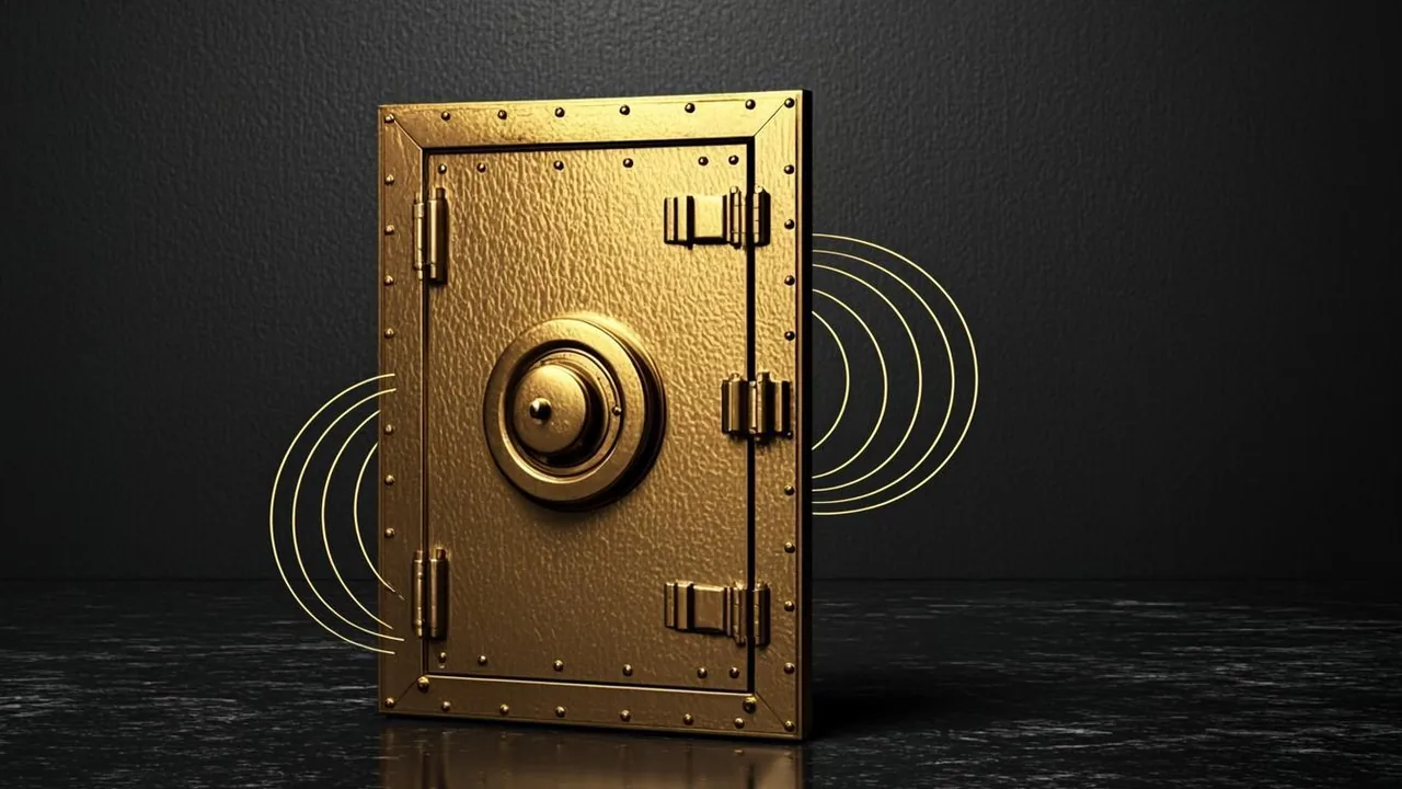 Prepaid voucher PINs and phone billing arcs crossing a graphite vault door with brass seams.