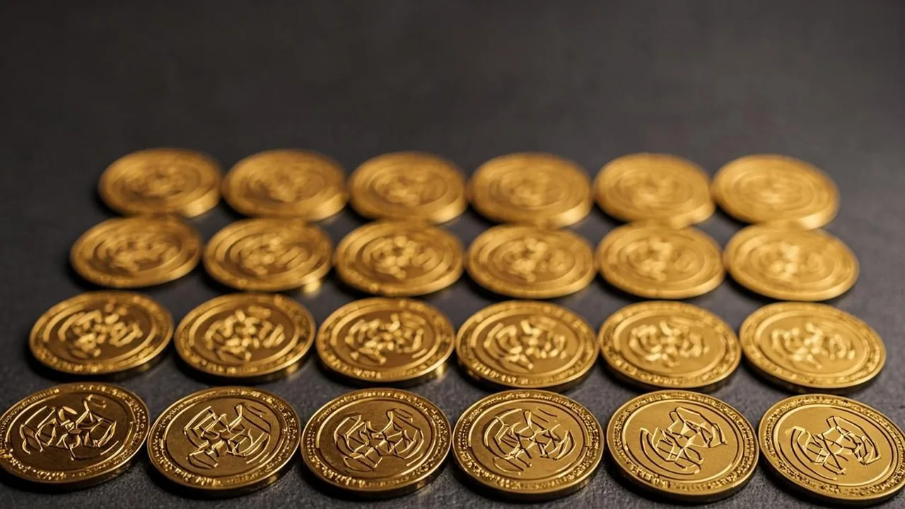 Two hundred spin tokens laid as brass tiles across five graphite rows, one row missing.
