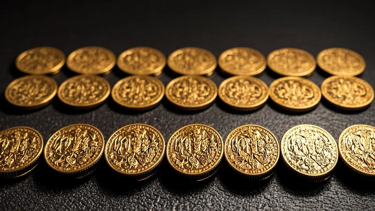 Two hundred spin tokens laid as brass tiles across five graphite rows, one row missing.