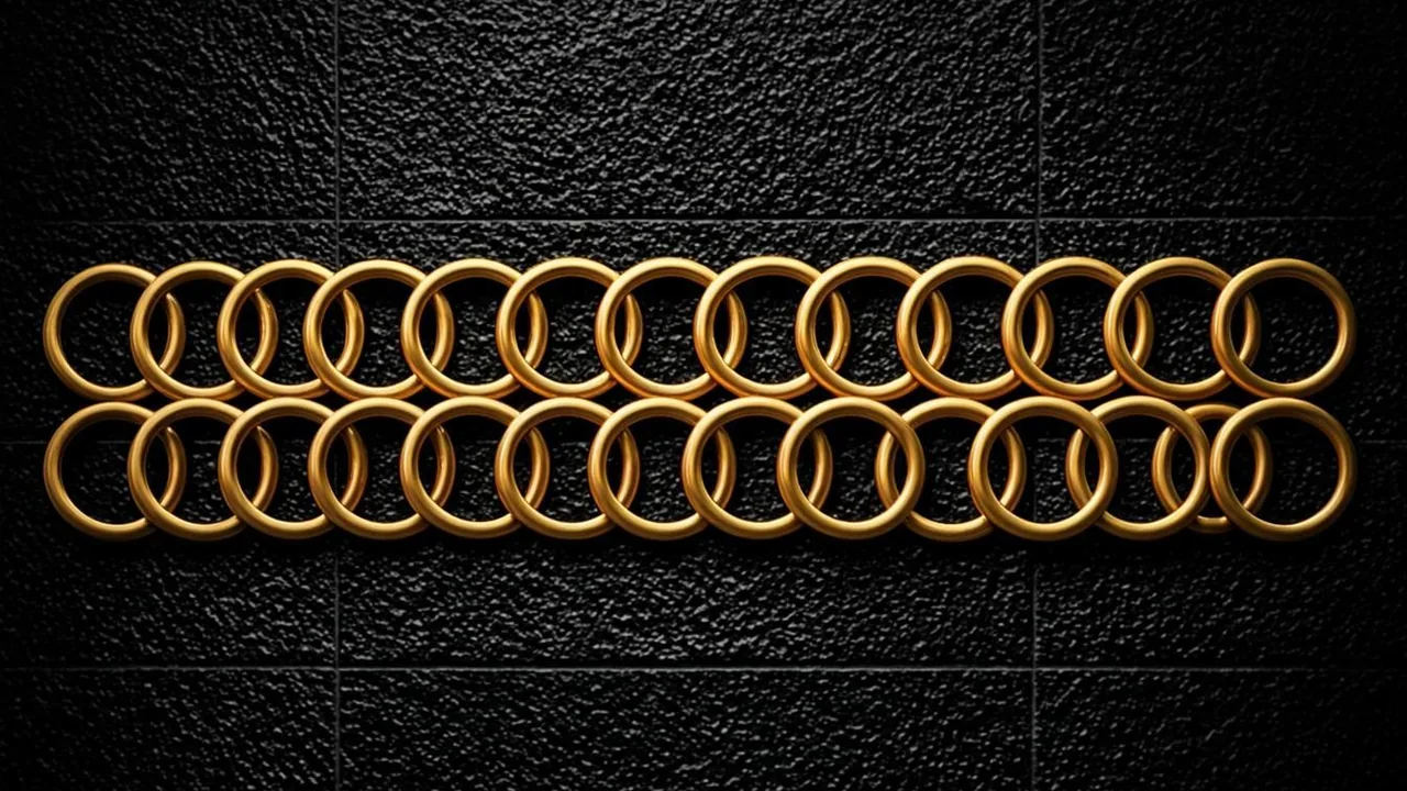 Forty brass rings arranged in two rows of twenty above a graphite tile field