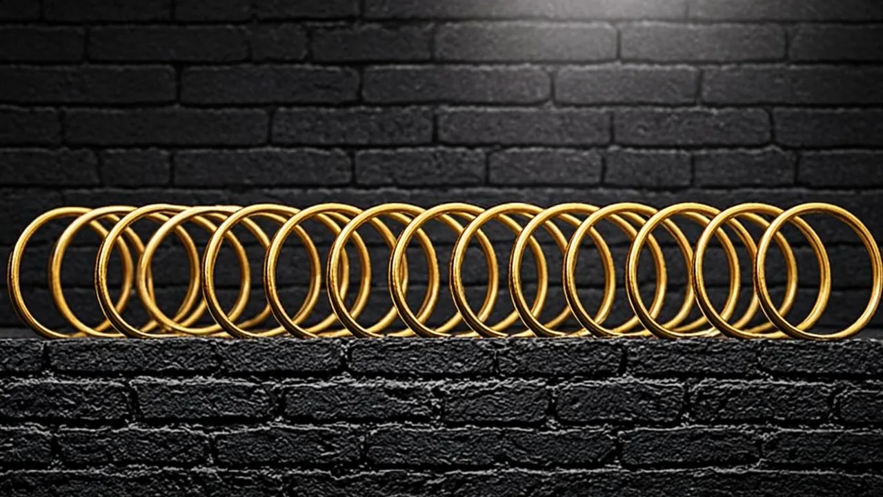 Forty brass rings arranged in two rows of twenty above a graphite tile field