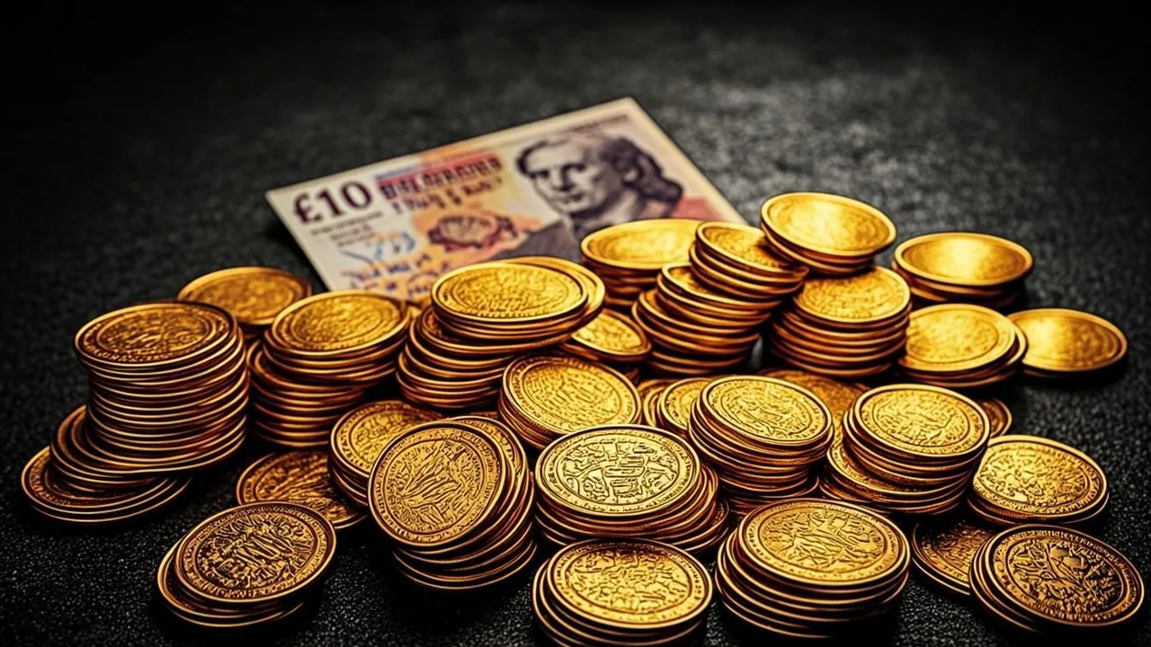 Three hundred penny spins priced beside a ten pound deposit, brass waves on graphite.