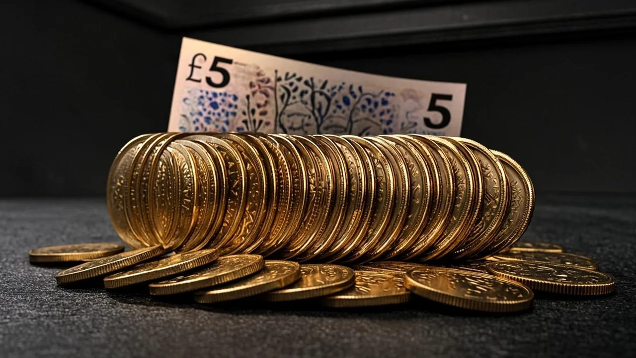 A five pound note beside one hundred wager-free spins, brass rings under a graphite ceiling line.