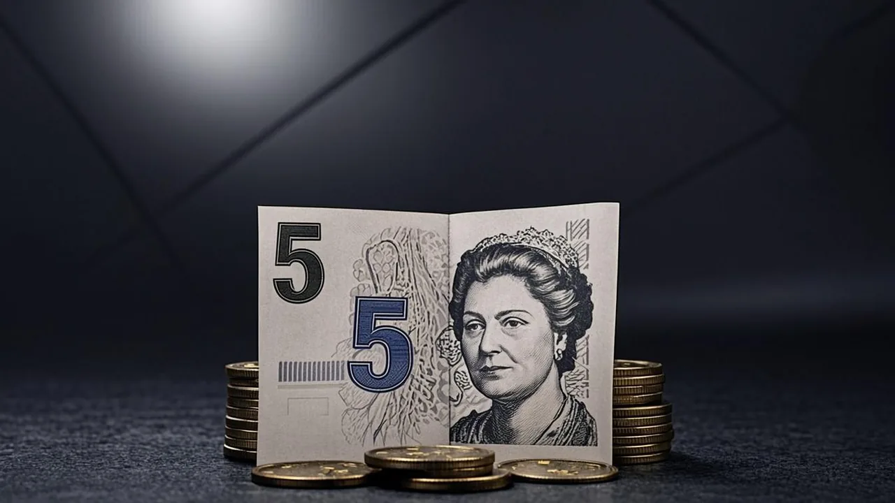 A five pound note beside one hundred wager-free spins, brass rings under a graphite ceiling line.