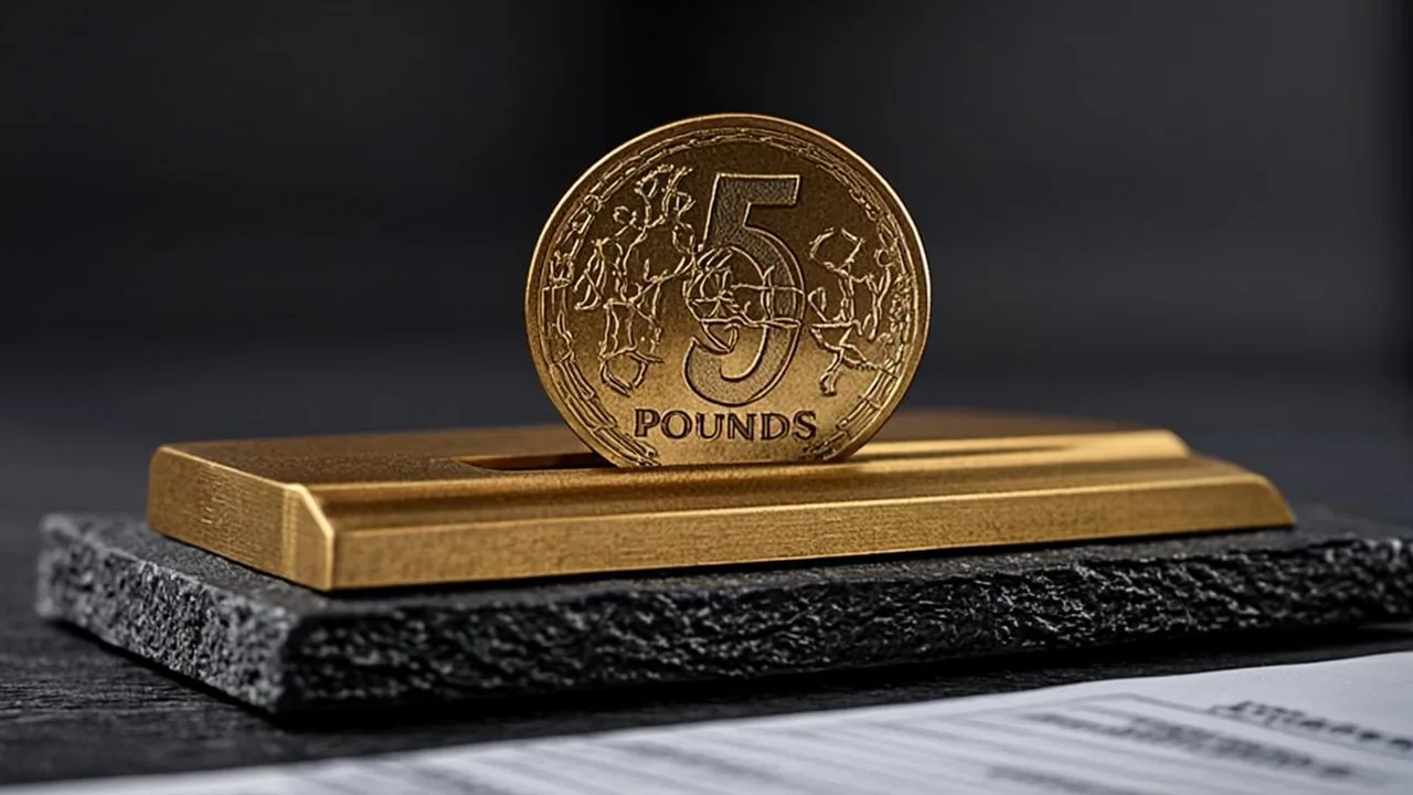 A free five pound token resting on brass arcs above graphite, terms folded beneath.