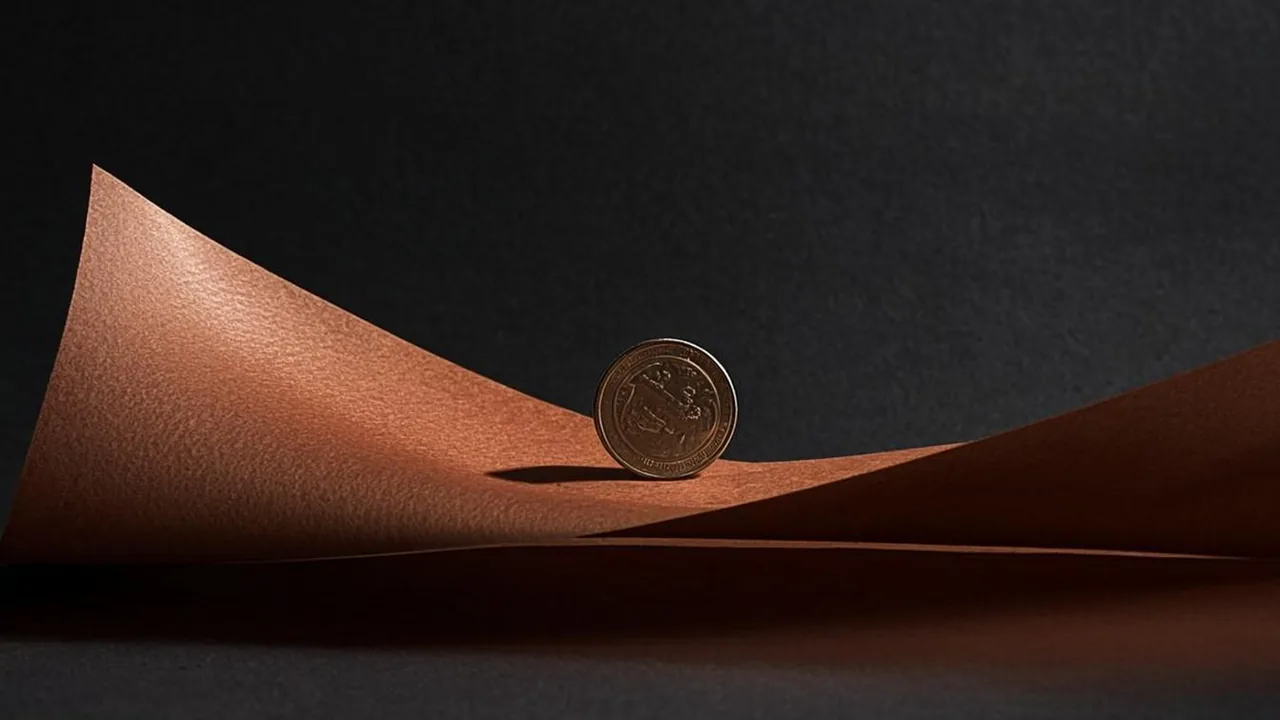 A free five pound token resting on brass arcs above graphite, terms folded beneath.