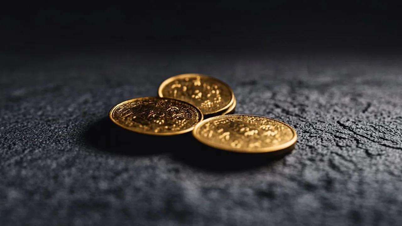Three brass pound coins on graphite tiles beneath a single low arc