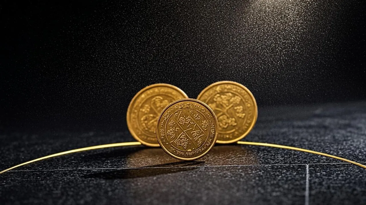 Three brass pound coins on graphite tiles beneath a single low arc