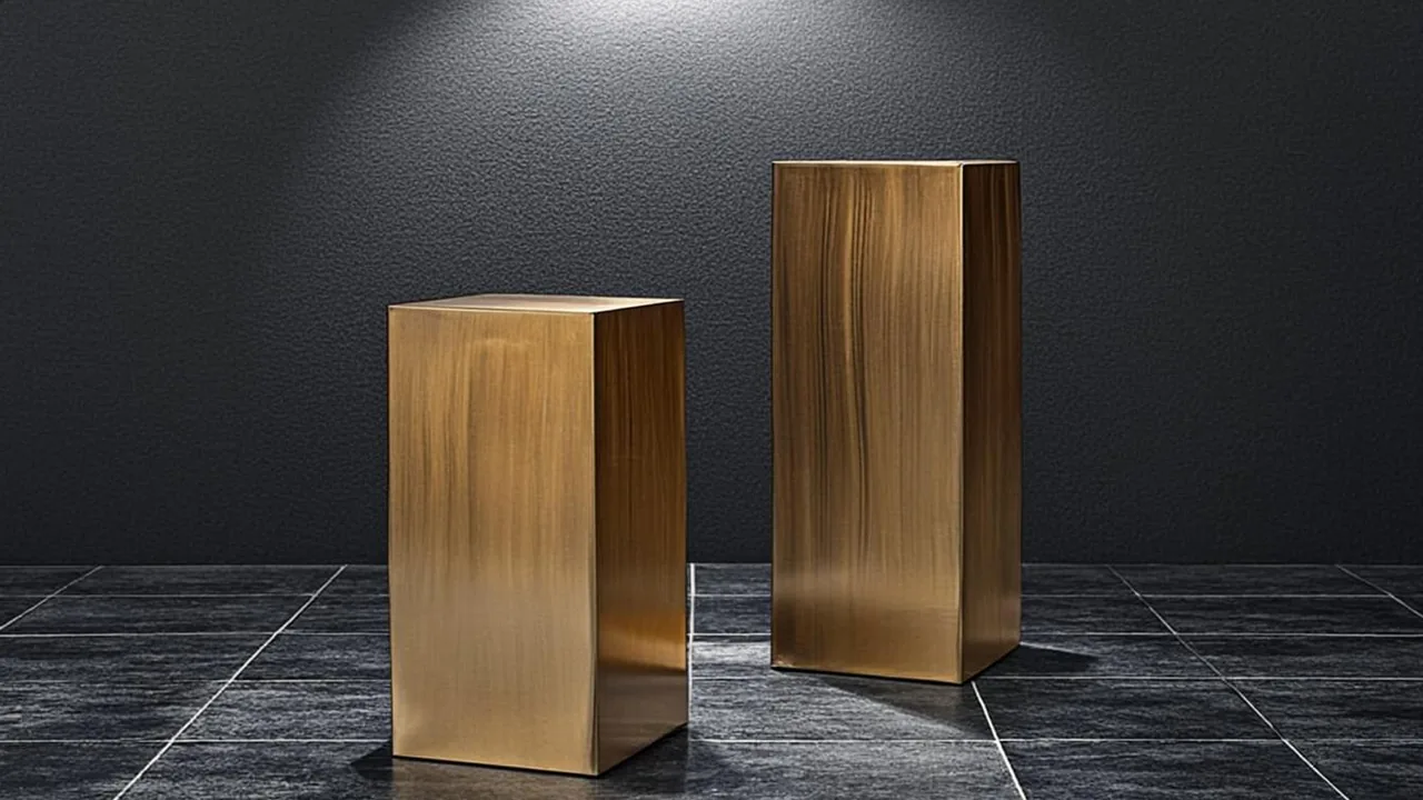 Two brass columns of equal height rising from graphite tiles