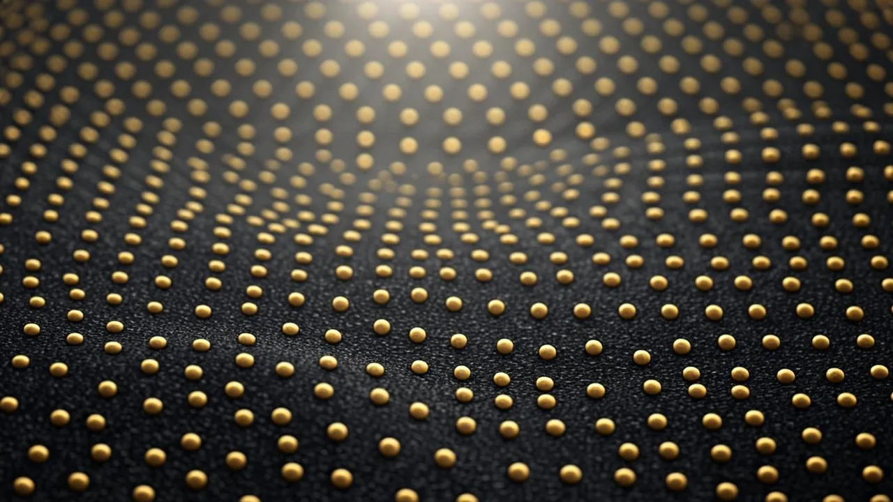 Two hundred brass dots arranged in ten morning rows over graphite waves