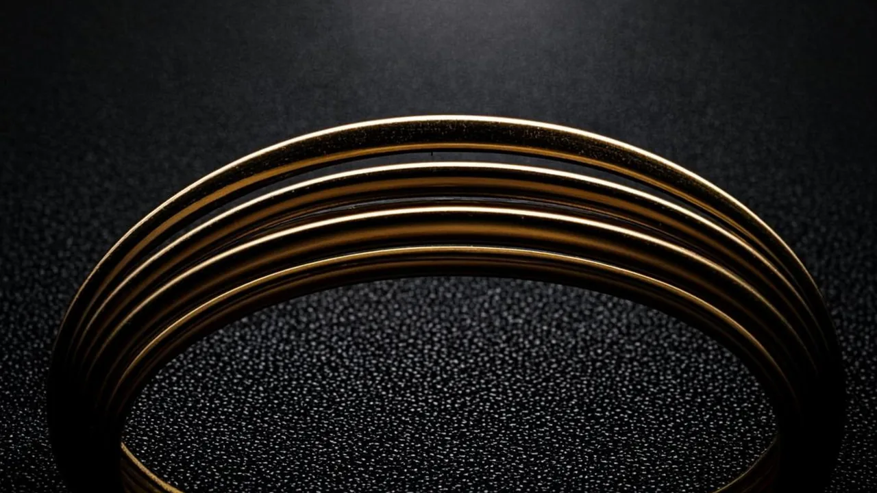 Three brass arcs stacked over graphite tiles marking a tripled balance