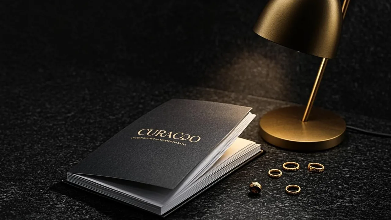 A Curaçao licence register opened under brass lamplight, engraved rings on a graphite desk.