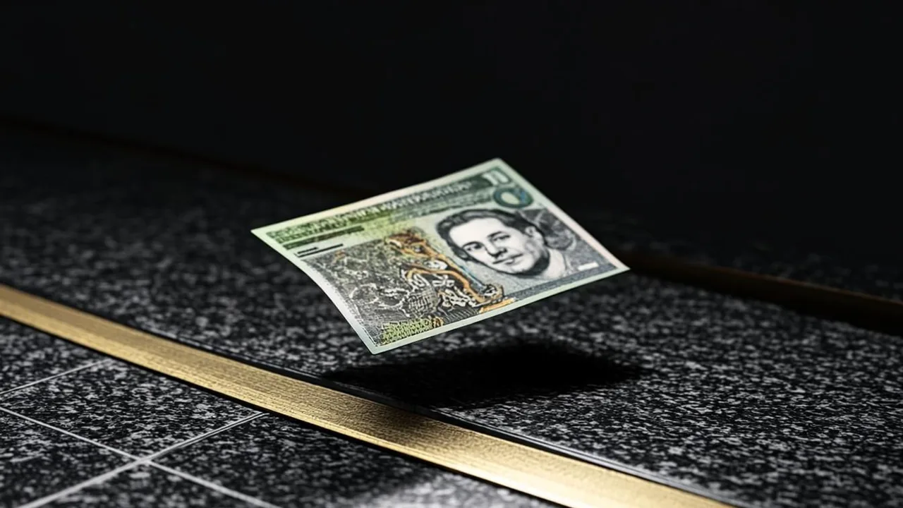 A ten pound note resting at an offshore cashier, brass beams across graphite tiles.