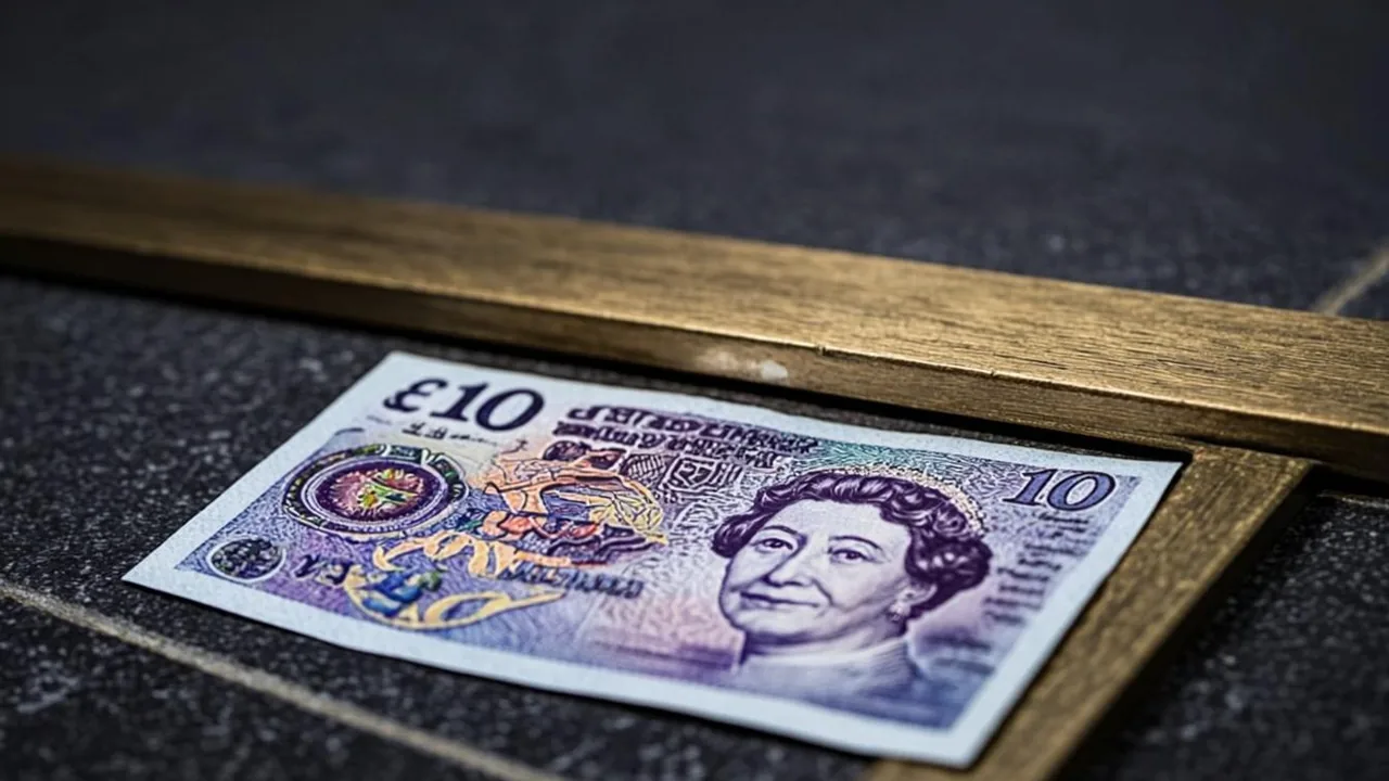 A ten pound note resting at an offshore cashier, brass beams across graphite tiles.