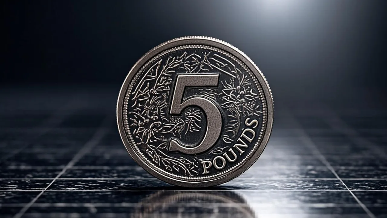 A five pound coin at an offshore cashier, brass arcs over graphite tiles.
