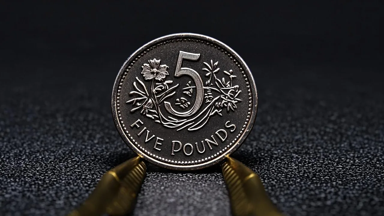 A five pound coin at an offshore cashier, brass arcs over graphite tiles.