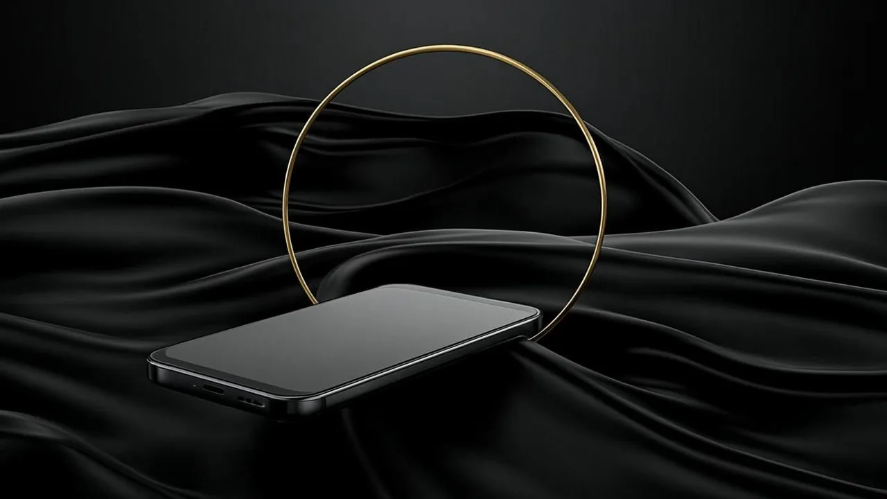 A phone showing a carrier billing receipt, brass rings above graphite waves.