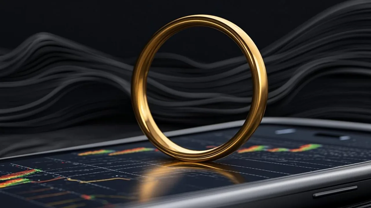 A phone showing a carrier billing receipt, brass rings above graphite waves.