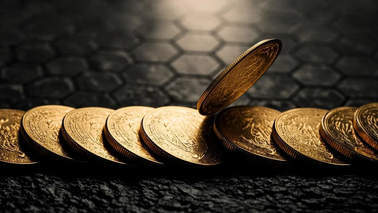 Ten brass spin tokens in a row on graphite tiles, one lifted.