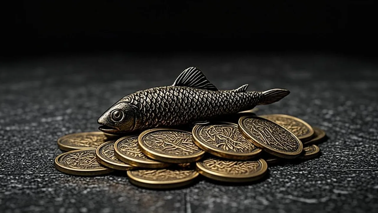 Twenty free spins on a fishing-themed slot, brass fish hooks and beams on graphite.