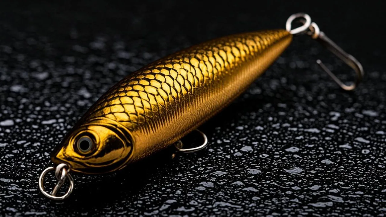 Twenty free spins on a fishing-themed slot, brass fish hooks and beams on graphite.