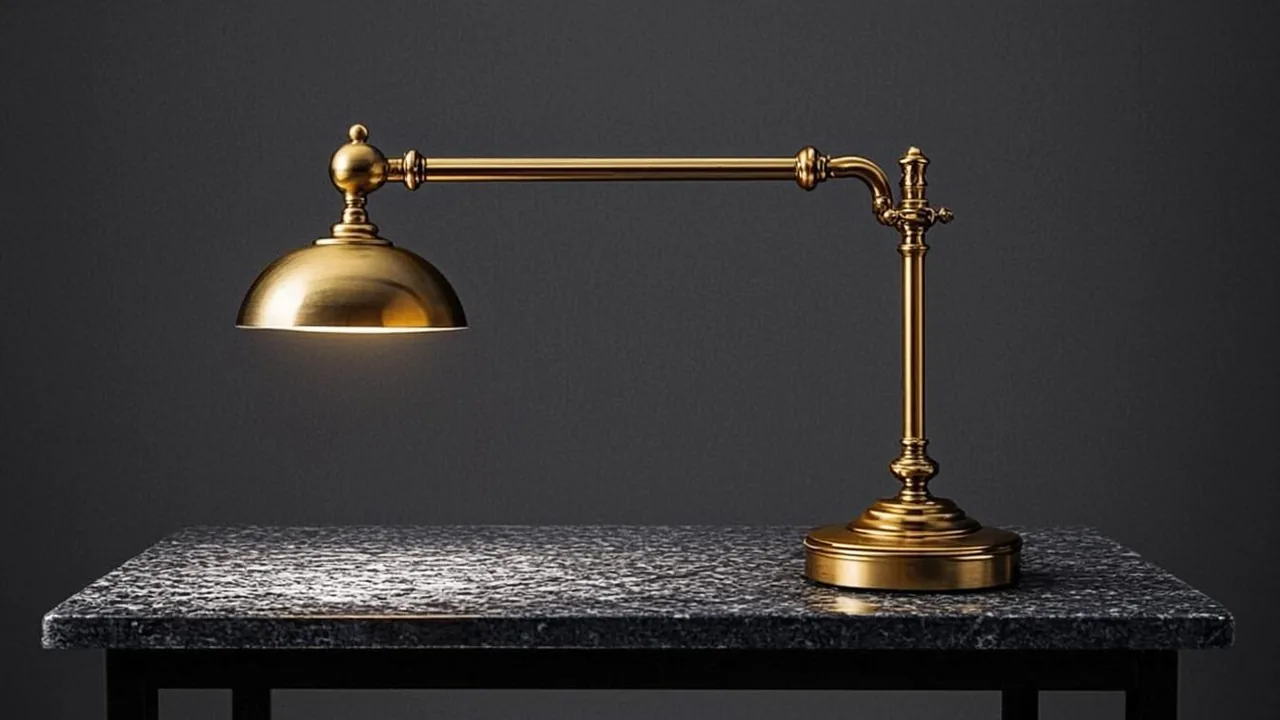 Live casino studio table with brass roulette arcs and dealer beams on graphite.
